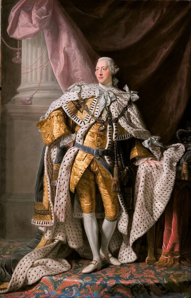 George III in Coronation Robes, by Allan Ramsay, c. 1761-1762. The King's robes are sumptuous, made of cloth of gold and ermine.