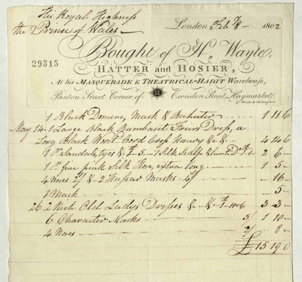 The Prince of Wales' costume bills. 