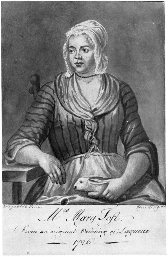 Mary Toft, in an engraving based on a 1726 painting by John Laguerre.