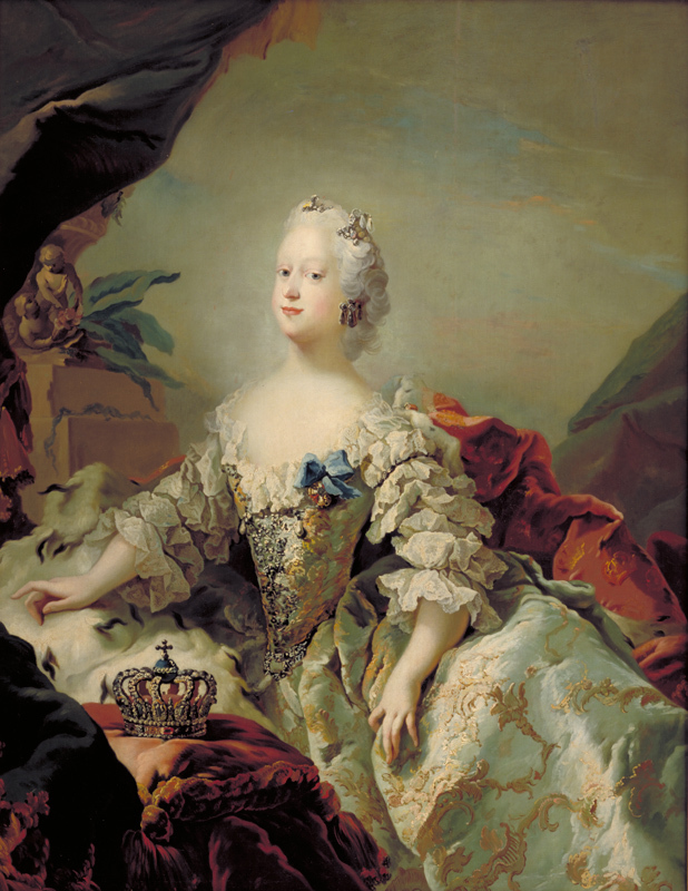 Portrait of a woman in a white dress with panniers and white wig.
