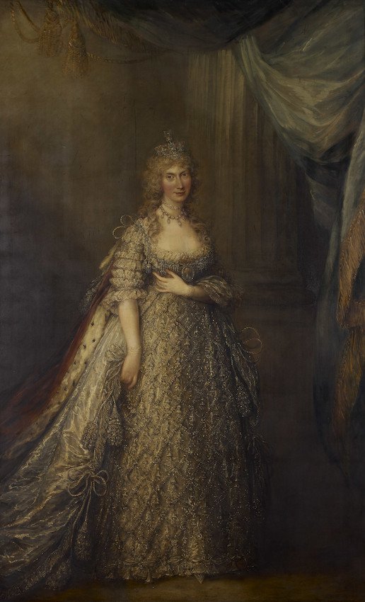 Portrait of Caroline of Brunswick, Princess of Wales, in golden dress with royal red cloak