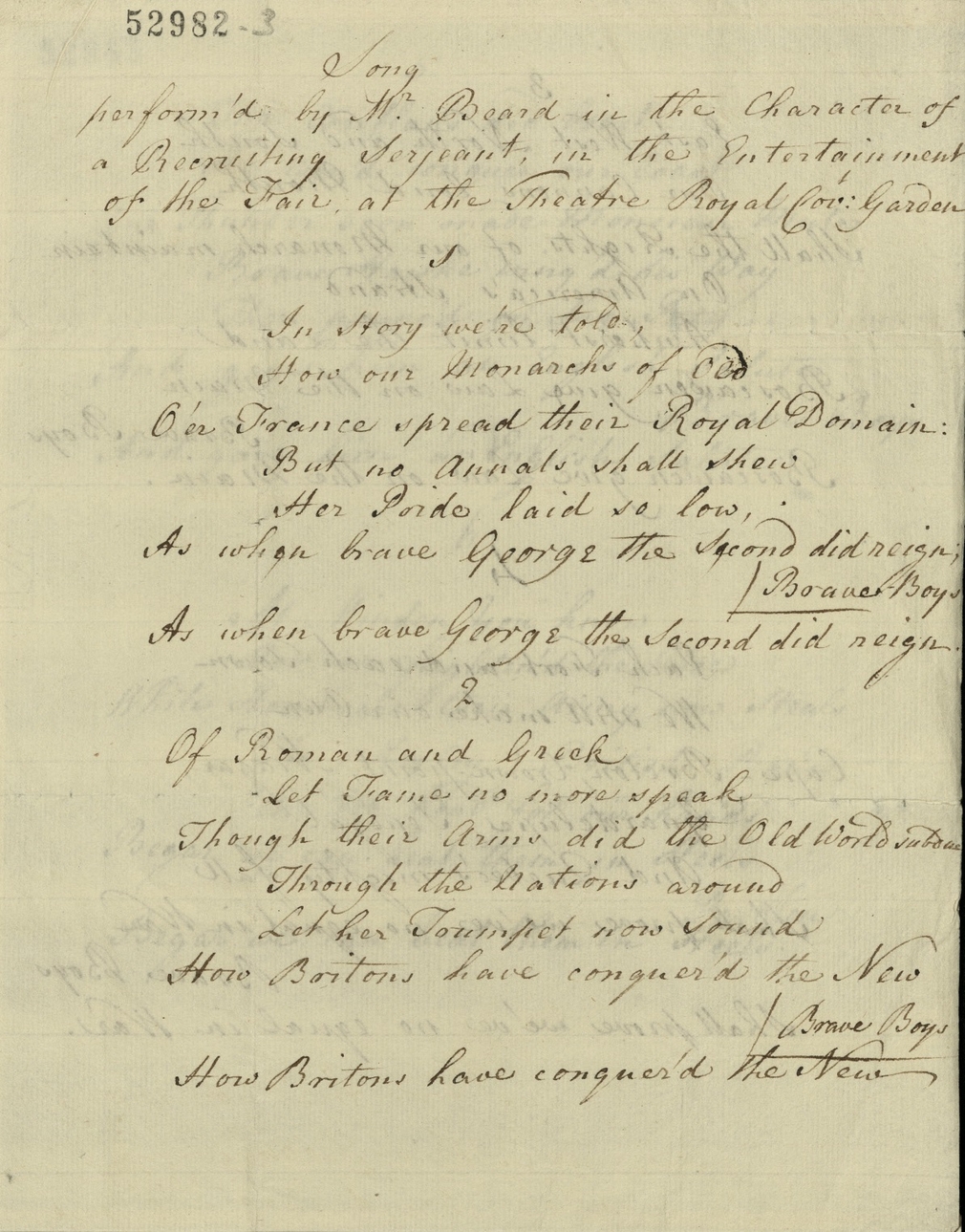 'Song perform'd by Mr Beard in the Character of a Recruiting Serjeant, in the Entertainment of the Fair, at the Theatre Royal Covt Garden', GEO/MAIN/52982-3