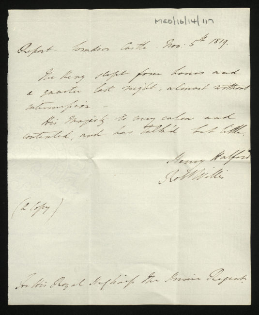 Report of George III's health by Sir Henry Halford, 5 November 1819