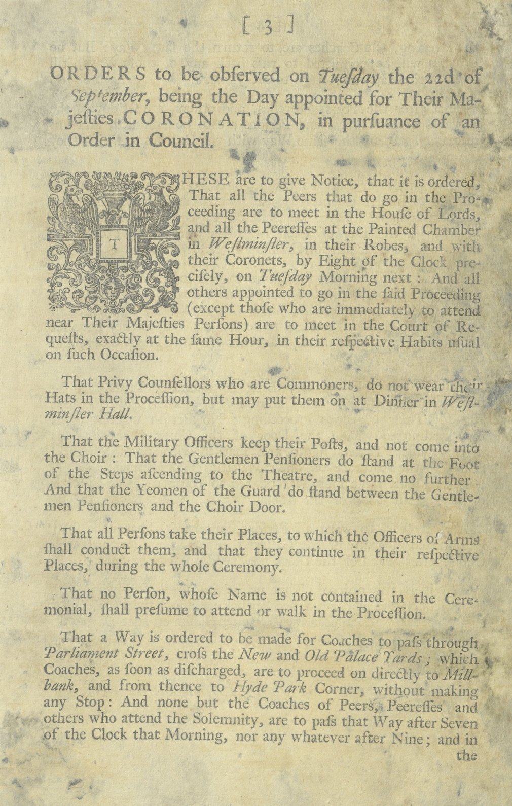 Orders to be observed at the coronation of George III, 1761 GEO/MAIN/15765-66