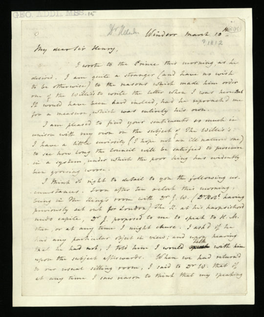 Letter from Dr. William Heberden to Sir Henry Halford, 10 March 1812