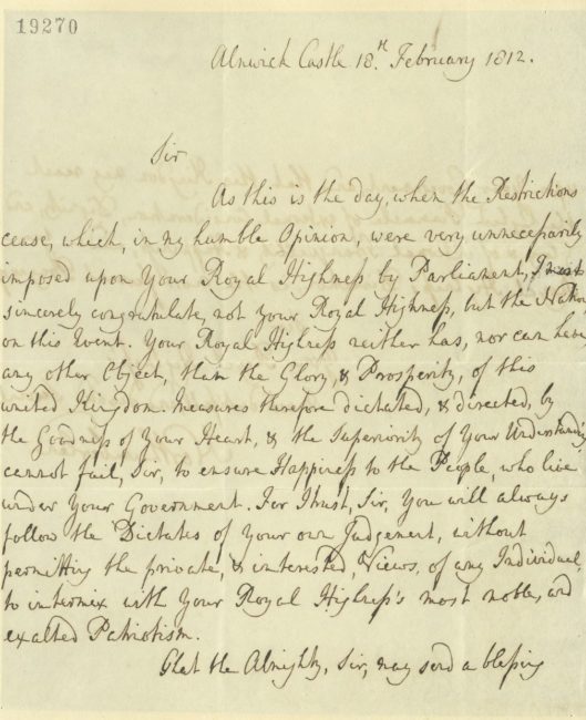 Letter of congratulations from the Duke of Northumberland to the Prince Regent, 18 February 1812. RA GEO/MAIN/19270