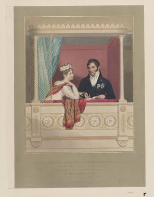Illustration of Princess Charlotte of Wales and Prince Leopold sitting in their theatre box