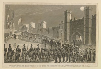 Black and white illustrations of Windsor Castle with funeral procession crowd of the public and military