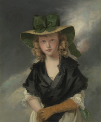 Princess Mary as a young girl wearing a green shawl and straw hat with matching green bow